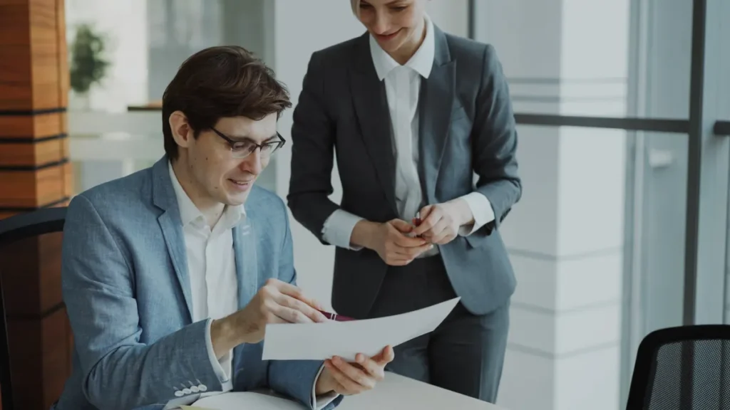 Two colleagues in an office reviewing a document together and discussing questions