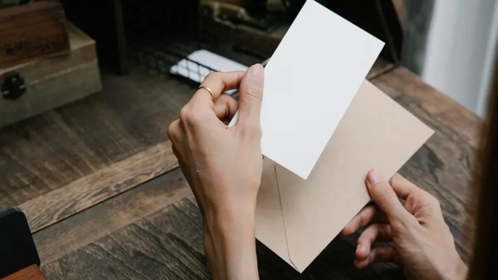 Hands holding a blank invitation card and envelope over a wooden desk