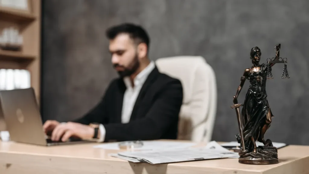 Licensed professional working on a laptop at an office desk with a Lady Justice statue