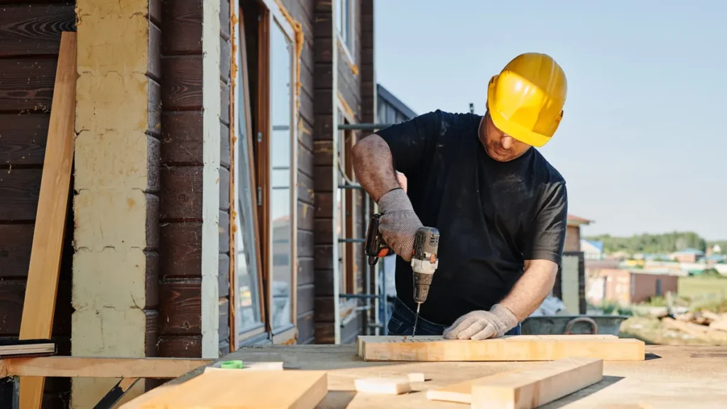 Contractor in a hard hat using a power drill on lumber at a building site
