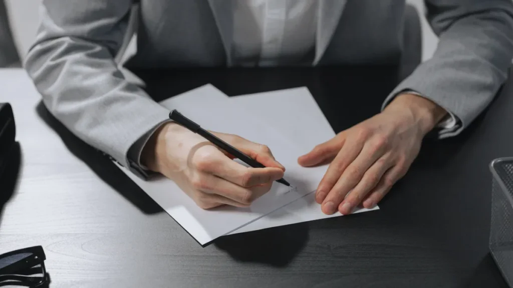 Person in a suit signing a sheet of paper at an office desk